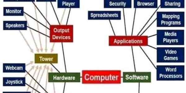 What are the examples of hardware and software components of a computer?